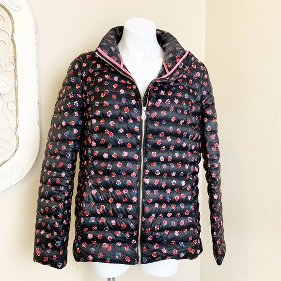 Kate Spade | Women's Black and Rose Print Down Puffy Jacket | Size: L